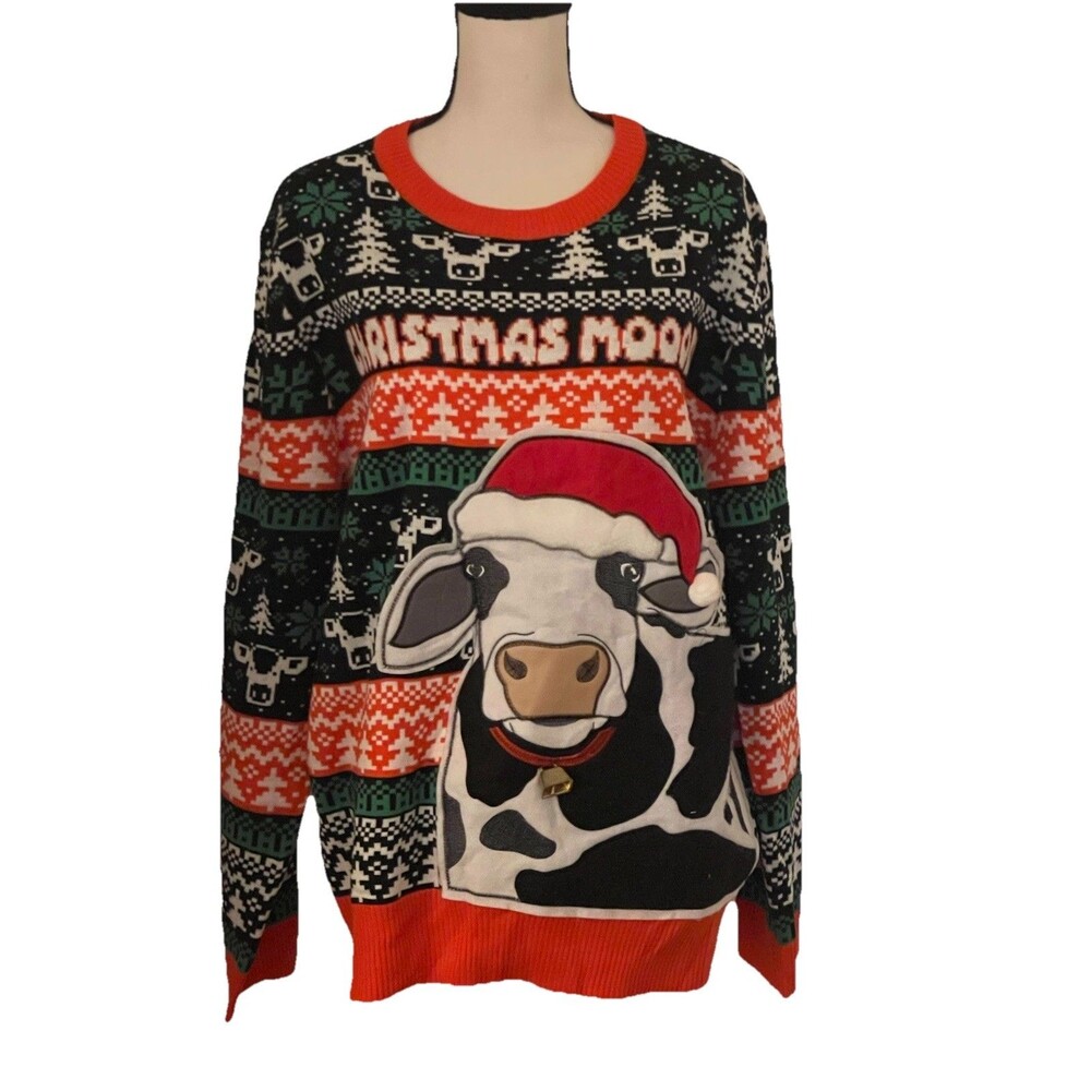 Mad Engine Ugly Christmas Moood Sweater Crewneck Cow Bell Fair Isle  Mens 2XL